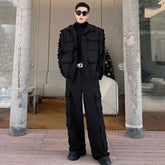 HEYFANCYSTYLE Men's Designer Twill Wide-Leg Japanese Set with Distressed Detail